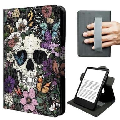 JNFBWULO Case for Kindle Fire 7 Tablet (9th/7th/5th Gen 2019/2017/2015 Release), 360° Rotating Stand Cover with Hand Strap, Auto Sleep Wake Protective Folio - Skull Butterfly Flower