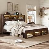 Albott Full Bed Frame with 47.2” Bookcase Storage Headboard & Footboard, Farmhouse Wooden Platform Bed with LED Light & Charging Station, No Box Spring Needed, Noise Free, Rustic Brown