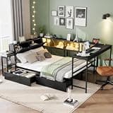 Duxelifin Twin Corner Bed Frame with Desk and Bookcase, L-Shaped Bed with LED Lights & Charging Station, Twin Size Daybed with Storage Drawers for Kids Teens, No Box Spring Needed (Black)