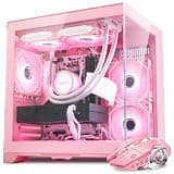 HOENGAGER Panorama Prebuilt Gaming PC W/Mouse, AMD Ryzen 7 5700X, GeForce RTX 3050 6GB, 32GB DDR4 RAM, 1TB NVMe SSD, 240mm AIO Liquid Cooling & 7 RGB Fans, Windows 11 Desktop Computer, Pink