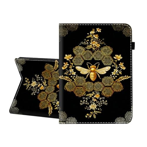 CICPLKSE Case for Samsung Galaxy Tab E 9.6 2015 (Model SM-T560/T561/T565/T567),Premium PU Leather Cover with Auto Sleep Wake,Golden Bee Floral Art