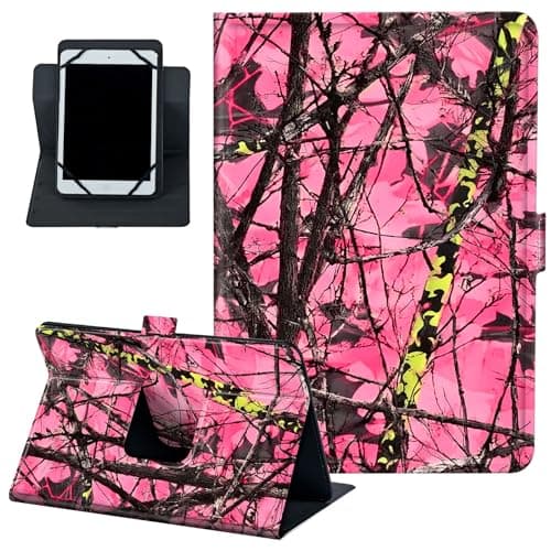 Universal Tablet Case 10.6–11 Inch, PU Leather 360° Rotating Folio Stand Cover with Multi-Angle Viewing for 10–11" Tablets,Pink Camo and Tree Branches