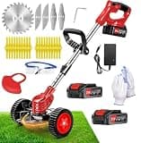 Cordless Weed Wacker, Electric Grass Trimmer 21V 2.0Ah Battery Powered Weed Trimmer, 3 in 1 Stringless Lightweight Brush Cutter/Edger/Mower with 4 Types Blade & Wheels for Garden and Yard Lawn