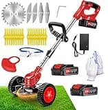 Cordless Weed Wacker, Electric Grass Trimmer 21V 2.0Ah Battery Powered Weed Trimmer, 3 in 1 Stringless Lightweight Brush Cutter/Edger/Mower with 4 Types Blade & Wheels for Garden and Yard Lawn