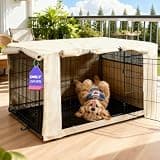 HiCaptain Dog Crate Cover 36.0" L x 23.0" W x 25.0" H with Breathable Mesh, Heavy Duty Kennel Cover, Dual Zippered Panels, Windproof Waterproof(Beige)
