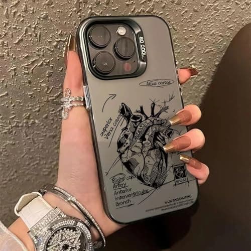 Compatible with iPhone 17/16/15/14/13/12 Pro Max & Samsung S26/S25 Ultra, Anatomical Heart Sketch Phone Case, Shockproof TPU Bumper Anti-Scratch PC Hard Back Cover (Black, iPhone Xs Max)