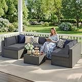 Wisteria Lane 7 Pieces Outdoor Patio Furniture Set, Wicker Outdoor Patio Sectional Sofas with Coffee Table, All-Weather Patio Conversation Set for Garden Backyard, Grey