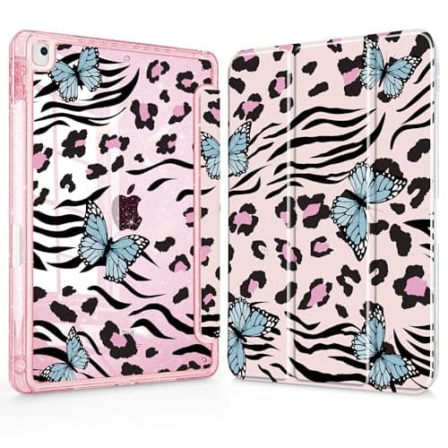 Tuiklol for iPad 10.2 inch 9th/8th/7th Gen 2021 2020 2019 Case, Built in Pencil Holder Sparkly Protection Stand Clear Back Cover- Trifold Stand-Auto Wake/Sleep for iPad 10.2 Case,Leopard Butterfly