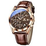 OLEVS Brown Watches for Men Quartz Stainless Steel and Leather Watch Big Face Analog Chronograph Rose Gold Watches Men with Date Waterproof Elegant Business Cuff Men's Wrist Watch Reloj para Hombre