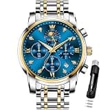 OLEVS Watch for Men Diamond Business Dress Analog Quartz Stainless Steel Waterproof Luminous Date Two Tone Luxury Casual Wrist Watch Blue