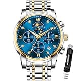 OLEVS Watch for Men Diamond Business Dress Analog Quartz Stainless Steel Waterproof Luminous Date Two Tone Luxury Casual Wrist Watch Blue