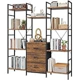 AFLUI Triple Bookshelf with 3 Fabric Drawers, 4-Tier Book Shelf and 10 Display Shelves, Industrial Large Bookcase for Home & Office, Rustic Brown, 47'' Wide