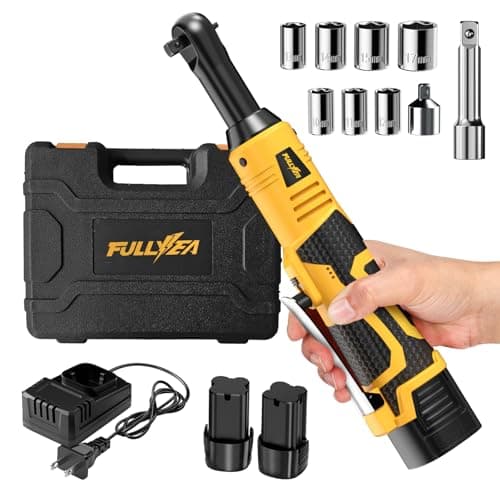 FULLYEA 3/8" Cordless Electric Ratchet Wrench Set, 550RPM, 40Ft-lbs, 16.8V Extended Power Ratchet Tool Kit with Variable Speed, 1/4" Adapter, 3" Extension Bar, 2*2.0Ah Battery and Fast Charger(Yellow)