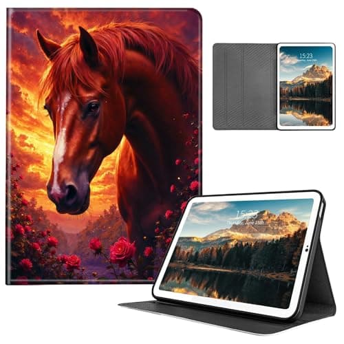 HEAKIERG Case for Samsung Galaxy Tab S8 2022/Tab S7 2020 11 Inch, PU Leather Stand Shell Multiple Viewing Angles Shockproof Protective Cove for Woman Men, Twilight Red Horse