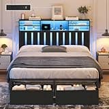 Full Size Bed Frame with 2 Storage Drawers, Wood Headboard with LED Lights & Stoarge Shelves, Full Bed Frame with Charging Station, Full Platform Bed with Under Bed Storage, No Box Spring Needed