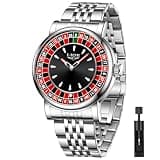 SACOSDING Mens Watches,Unique Roulette Style Quartz Analog Watch,45MM Big Face Alloy Waterproof Glowing Watch for Men,Stainless Steel Strap,Casual Fashionable Men's Wrist Watches(Sliver)