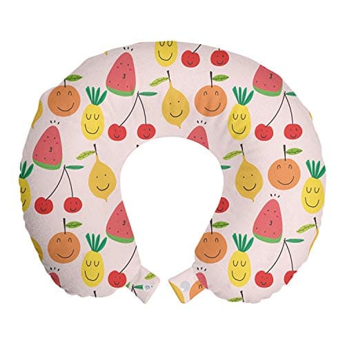 Ambesonne Fruits Travel Pillow Neck Rest, Smiling Cherry Strawberry Pineapple Orange Watermelon Themed Composition, Memory Foam Traveling Accessory for Airplane and Car, 12", Multicolor