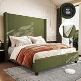 Queen Size Corduroy Upholstered Bed Frame with 65" Tall Headboard,USB Charging Station,Soft Washable Corduroy Cover with Wingback Headboard, Solid Wood Legs/Noise-Free/No Box Spring Needed/Green