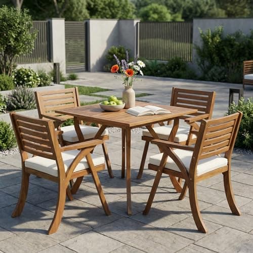 YULINLAND Outdoor Hermosa 5 Piece Wood Dining Set with Cushions, Teak Finish with Cream Cushion