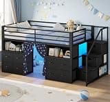 ADORNEVE Low Loft Bed Twin Size with Desk and 11 Storage Drawers, Twin Loft Bed with Bookshelf, LED Lights & Under-Bed Play Space, Metal Kids Loft Bed with Safety Guardrail & Privacy Curtain, Black