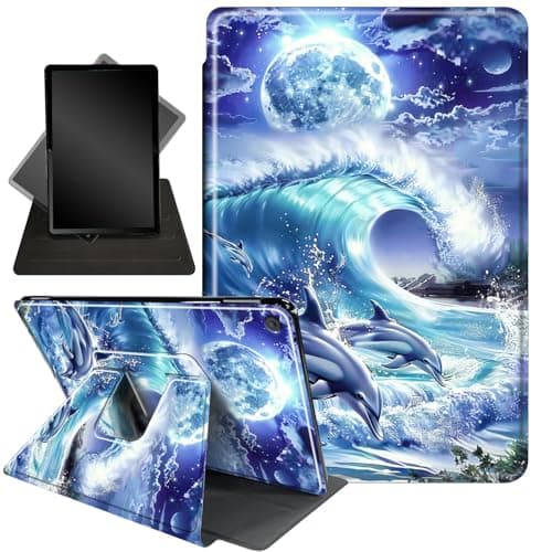 Case for Amazon Fire HD 10 Tablet (7th and 9th Generation, 2017 and 2019 Release),360 Degree Rotating Stand Smart Protective Case for Kindle Fire HD 10 7th 9th Gen 10.1",Dolphins and Moon