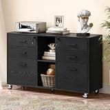 Halitaa Lateral File Cabinet with Lock, Large Mobile Storage Filing Cabinet with 6 Drawers Fits Files Letter/A4 Size, Rolling Printer Stand with Open Storage Adjustable Shelf for Home Office, Black