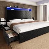 Uteeran King Size Bed Frame with 2 Bedside Stoage Racks & 4 Locking Drawers, 51.18" Tall Headboard with Charging Station & RGB LED Lights, Farmehouse Platform Bed Frame, No Box Spring Needed, Black