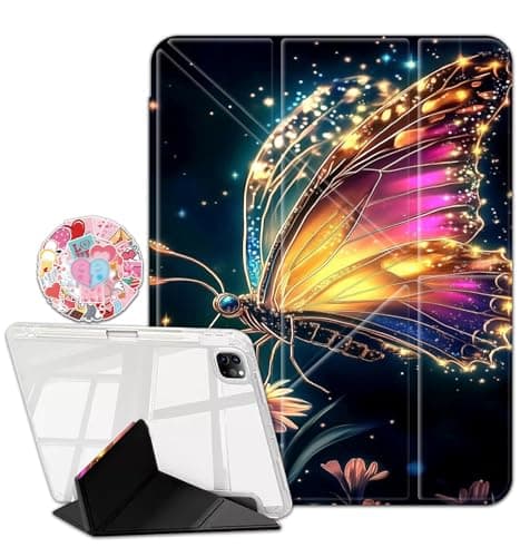 Case for iPad Pro 11 Inch (M5) 2025/ (M4) 2024 (Model: A3357,A3358,A3359,A2836/A2837/A3006),Clear Back Y-Fold Standing Cover Auto Sleep/Wake, Colored Butterfly