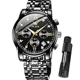 OLEVS Watches for Men Dress Luxury Waterproof Analog Water Resistant All Black Watch with Diamond Roman Numerals Original Adjustable Stainless Steel Metal Fashion Watch Men's Wrist Watches