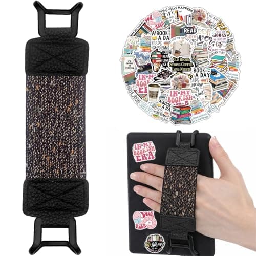 LEPGUYO Munhequeira for Kindle & Kobo Ebook, Elastic Black PU Leather Strap with Dots, Compatible with 6-8 Inch Ebook & Tablet, 50 Vintage Gift Stickers, Relieves Wrist Pain