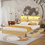 DNChuan Queen Size Platform Bed with Storage Headboard and Drawers, Wood Bed Frame with Pull Out Storage Cabinet and LED Light, Socket, Space Saving, No Box Spring Needed, Adults Boys Girls (Natural)
