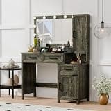 Trygoal Farmhouse Vanity Desk with 3 Adjustable Light Colors & Power Outlet, Makeup Vanity Table with Sliding Jewelry Cabinet, Built-in Lipstick Organizer, 3 Drawers & Shelves for the Bedroom, Brown