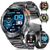 LIGE 1.43" AMOLED Smart Watch for Men with Flashlight, Bluetooth Calling, 100+ Sport Modes, 530mAh, IP68 Waterproof Fitness Tracker for Workout, iOS Android Compatible, Black Steel Camouflage Silicone
