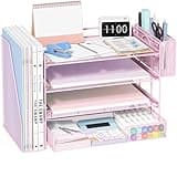 OPNICE 4-Tier Desk Organizer with Drawer & Pen Holder, Office Desk Accessories and Office Decor for Women, Paper Tray File Organizer for Home Office Workspace Supplies, Pink