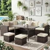 Wisteria Lane 7 Piece Patio Furniture Set, Wicker Patio Sectional with Wide Armrest, All Weather Outdoor Dining Set, Outdoor Furniture Patio Conversation Set with Ottoman, Brown