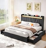 Welzona Queen Bed Frame with 4 Drawers and Storage Headboard, 51'' Tall Upholstered Platform Bed with Wingback Headboard, LED Lights & Charging Station, No Box Spring Needed, Wooden Slats, Grey
