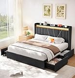 Welzona Queen Bed Frame with 4 Drawers and Storage Headboard, 51'' Tall Upholstered Platform Bed with Wingback Headboard, LED Lights & Charging Station, No Box Spring Needed, Wooden Slats, Grey