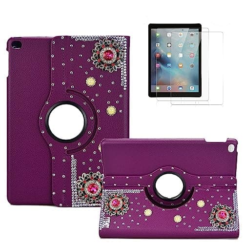 STENES Bling Case for iPad Air 11 2025 - Handmade Crystal 3D Diamond Flower 360 Degree Rotating Stand Auto Sleep/Wake PU Leather Protective Cover, Purple