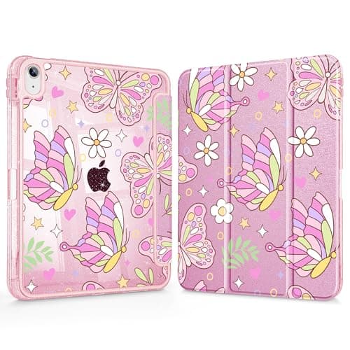 Tuiklol for iPad Air 11- inch M4 2026/Air 11- inch M3 2025/Air 11- inch M3 2024/Air 10.9-inch 2022 2020,Built in Pencil Holder Sparkly Clear Back Cover- Trifold Stand-Auto Wake/Sleep, Butterfly