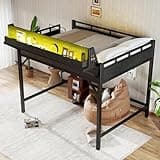 Bellemave Queen Size Loft Bed with Storage Shelves & Pegboard, Metal Loft Bed Frame with USB & LED, Heavy Duty Loft Bed Queen Size with Large Under-Bed Space, No Box Spring Needed, Black