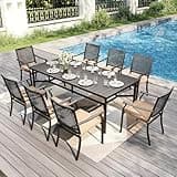 9 Piece Outdoor Dining Set with Rectangular Metal Table Umbrella Hole and 9 Stackable Wrought Iron Chairs with Cushions Large Patio Furniture Set for Patio Deck Yard Porch Garden