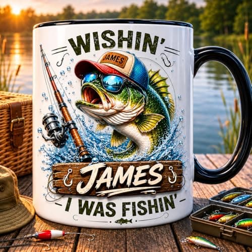 Personalized Fishing Mug for Men, Custom Name Fisherman Coffee Cup, Wishin’ I Was Fishin’ Mug Gift for Dad Grandpa Husband, Funny Fishing Lover Mug for Father’s Day Birthday