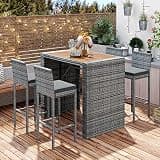 THINK 30 5-Piece Outdoor Bar Table Set,Wicker Patio Bar Set, Height Chairs with Removable Cushion, Wood Table Top, 4 Chairs for Poolside, Backyard