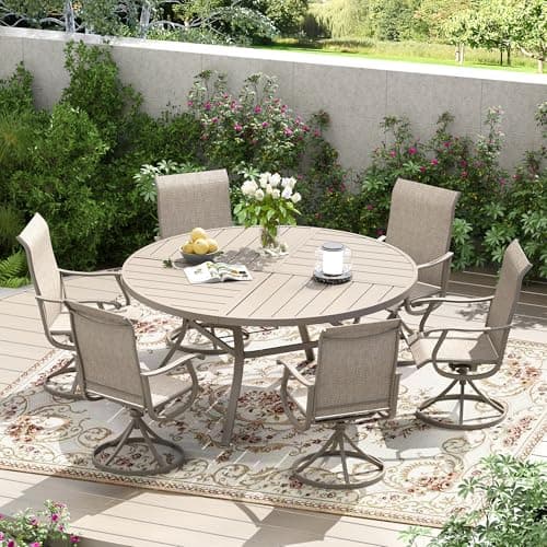VOXBIN 7 Pieces Patio Furniture Dining Set, 6 Textilene Swivel Dining Chairs, 53" Outdoor Round Metal Table with 1.57" Umbrella Hole, Outdoor Dining Set for Porch, Lawn, Garden, Sand/Sand