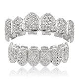 YOSZO Grillz Teeth Men 18K Plated Gold Grills for Your Teeth Jewelry Hip Hop Diamond CZ Top Bottom Grills Mouth Tooth Cap (Silver)
