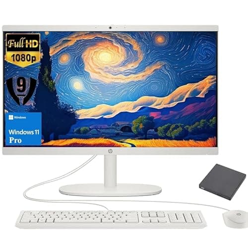 HP 21.45" FHD All-in-One PC, Intel N200 Processor, 16GB DDR5 RAM, 1TB PCIe SSD, HDMI, WiFi 6, Windows 11 Pro, Wired Keyboard & Mouse + External 9H 6-in-1 DVD Drive, White