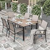 HERA'S HOUSE 7pc Patio Dining Set, Outdoor Wood-Like Metal Table & 6 Chairs