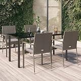 NKOPPFG 5 Piece Patio Dining Set with Cushions, Black and Gray Poly Rattan Outdoor Dining Set with Tempered Glass Table and Powder-Coated Steel Frame