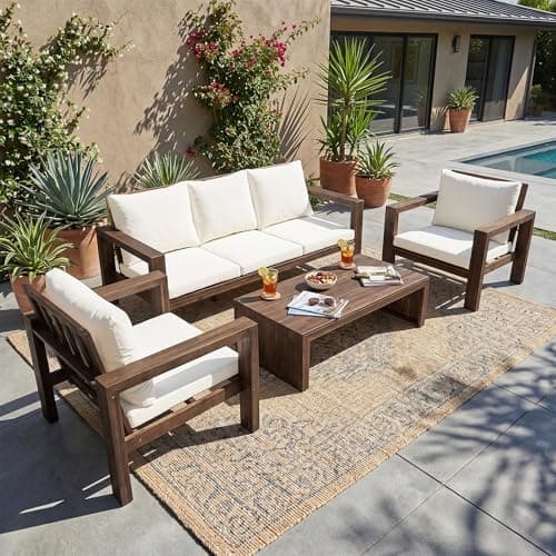 4-Piece Patio Conversation Set, All Weather Sectional Sofa Set w/ 2 Chairs, 3-Seat Sofa & Coffee Table, Acacia Wood Outdoor Furniture Set with Cushions for Garden Backyard Poolside (Moch/Beige)
