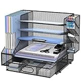 SUPEASY Desk Organizer with File Holder, 5-Tier Mesh Paper Letter Tray and 3 Tilted File Sorter for Office Supplies, Black